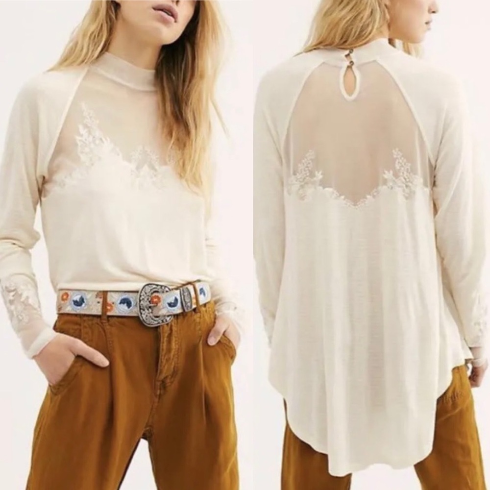 XS 🔖 FREE PEOPLE Free People Saheli Embroidered Mesh Top Ivory OB877344